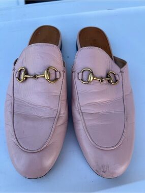 Gucci Pink Leather Horsebit Backless Loafers